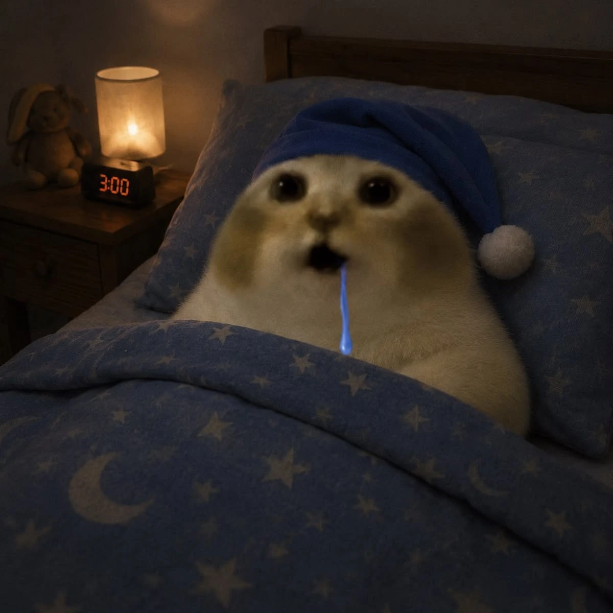 Un chat en bonnet de nuit dans son lit à 3 heures du matin, les yeux grands ouverts